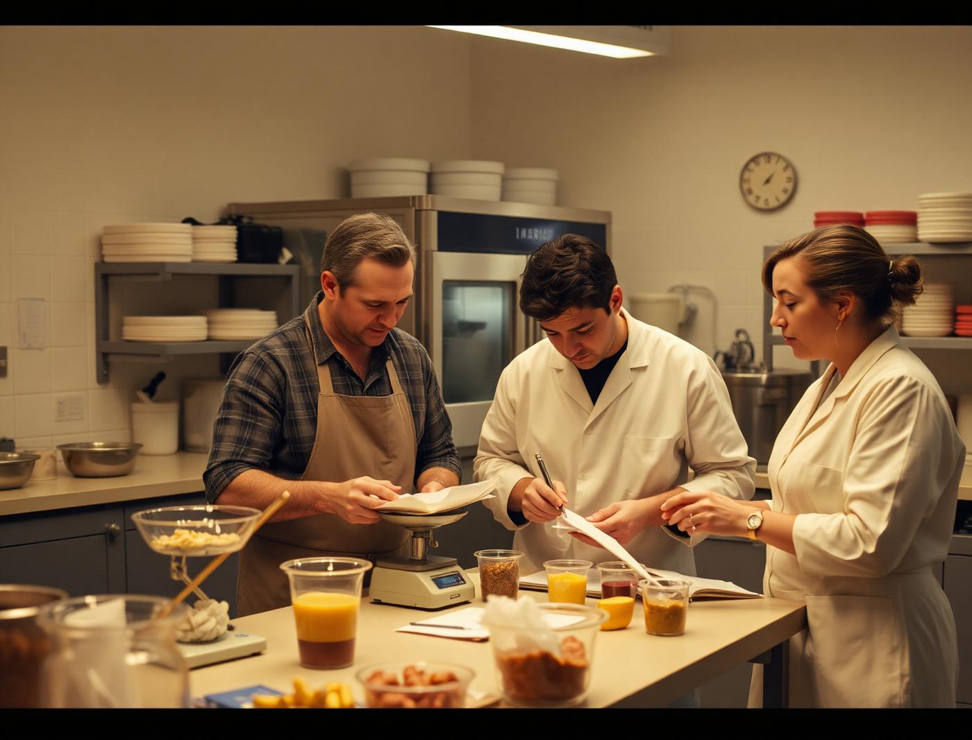 Product developers tasting and taking notes in a bright kitchen