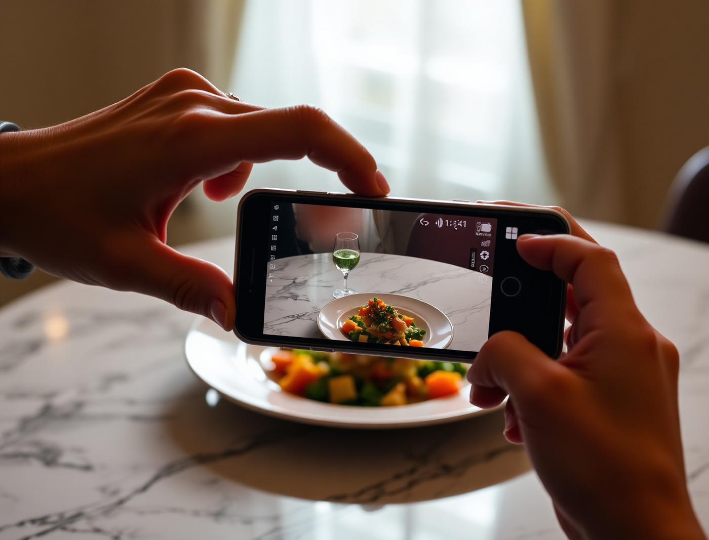 A phone filming a plated dish on a marble table