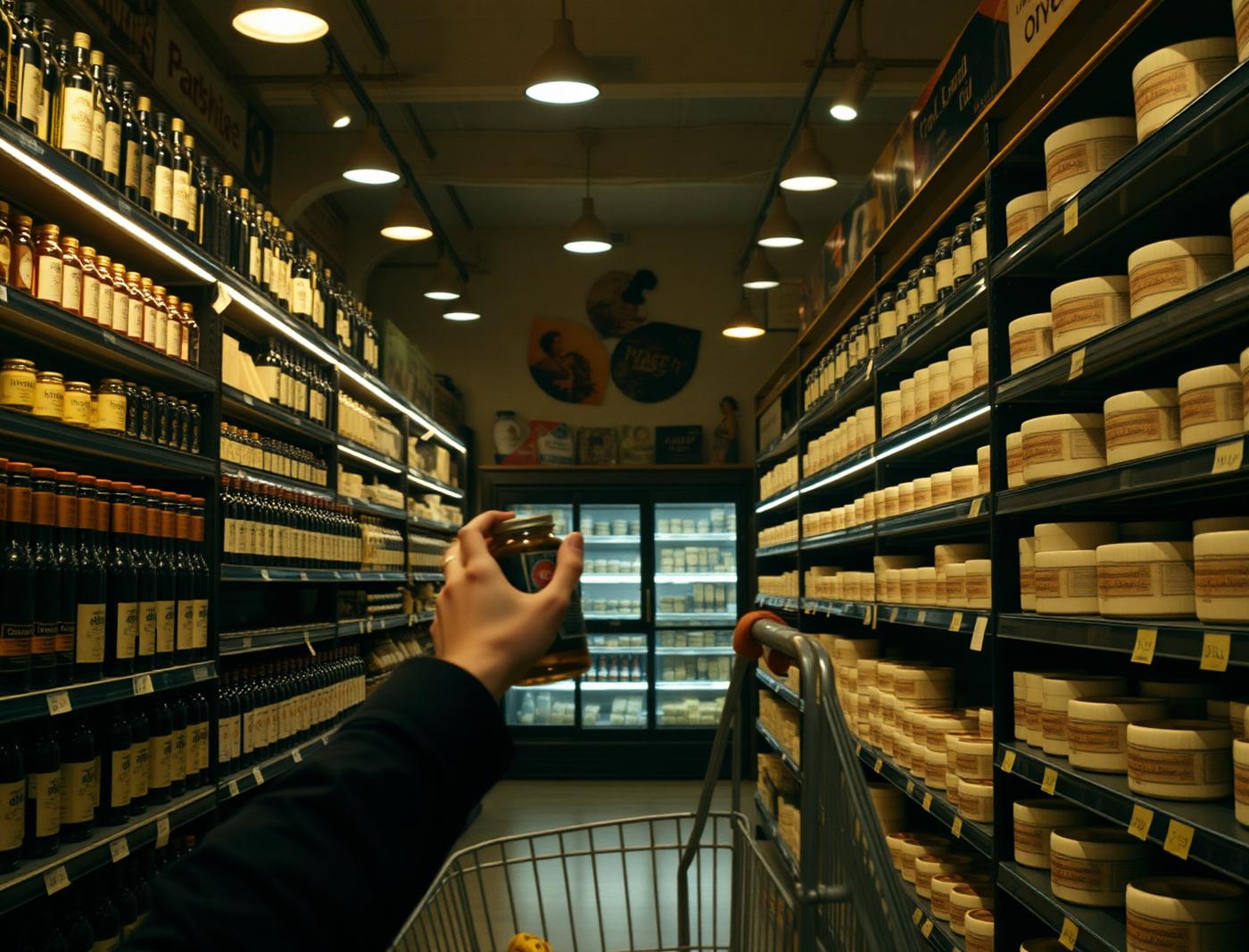 Shelves of olive oil and cheese inside a premium food store
