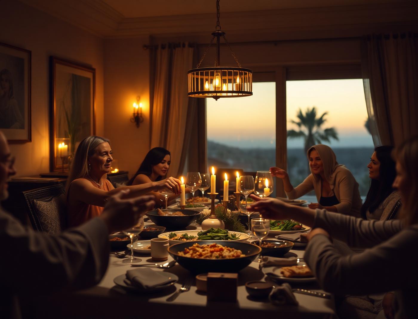 A warm dinner table in a modern Egyptian home at dusk