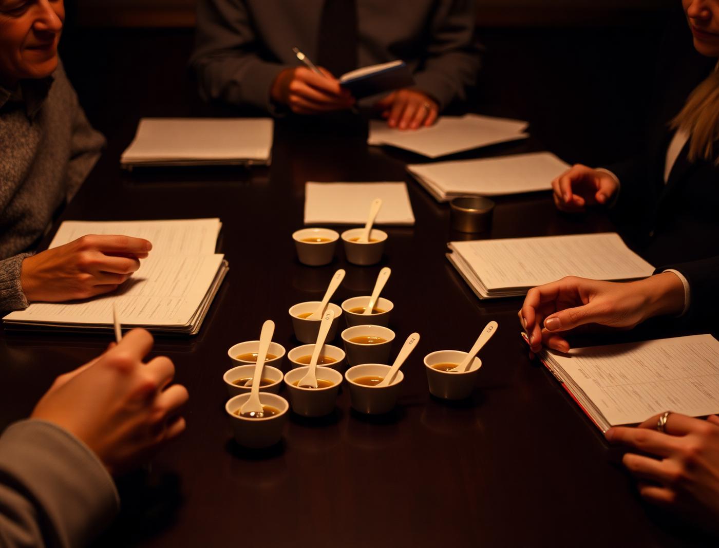 A tasting panel with numbered sample cups and notebooks
